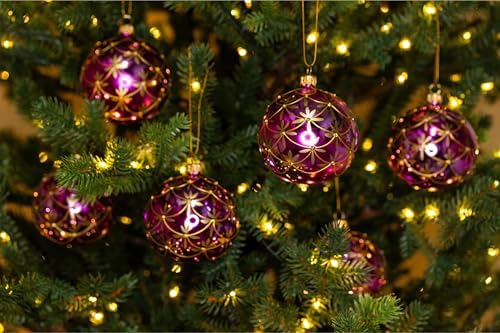 Luxury Handcrafted European Glass Christmas Ball Ornaments - Set of 6 - Magenta Art Nouveau - 8 cm - Mouth-Blown & Hand-Painted