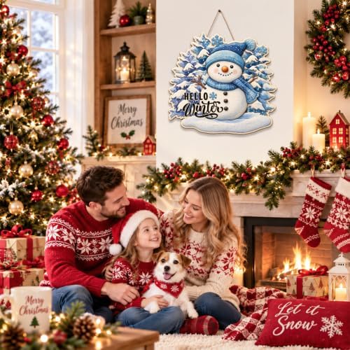 Christmas Snowman Decorations Hello Winter Hanging Wooden Door Sign