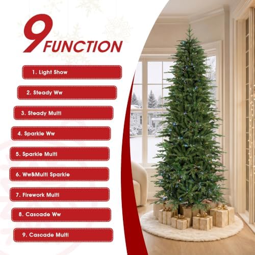Glitzhome Prelit Christmas Tree, 9ft Artificial Christmas Tree Radiant Slim Evergreen with 1,850 Warm White & Multi-Color Chasing and Twinkling Lights, 3,040 Tips, 9 Lighting Modes, Easy Assembly
