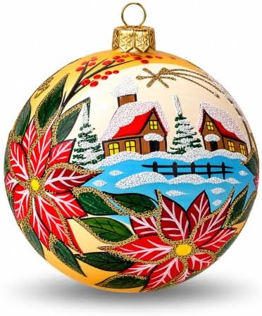 Polish Hand Blown Glass Christmas Ornaments Ball, Wintry Xmas Gold 5 in