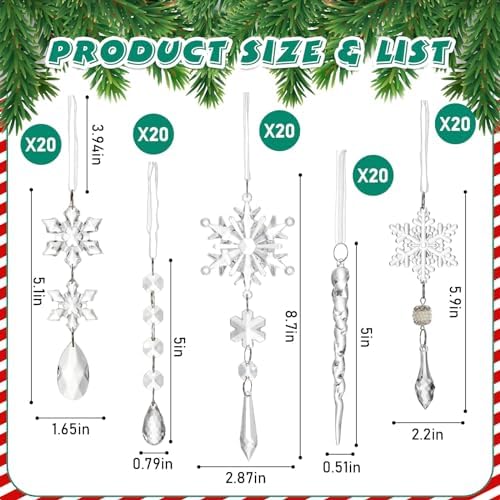 Syhood 100 Pcs Crystal Christmas Tree Ornaments, Snowflake Icicle Bead