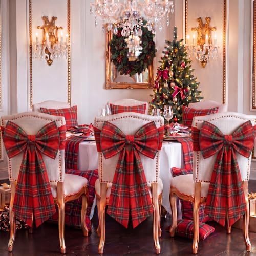Thiccywoov 6 Pcs Christmas Chair Bows Decorations 25 x 14 in, Red Tartan