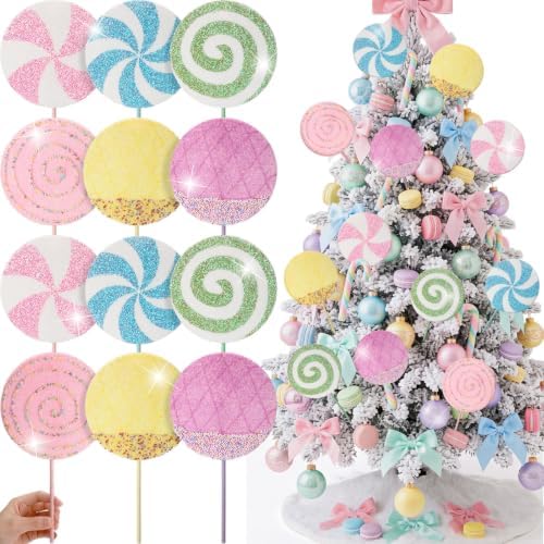 Roowest 12 Pcs 13.78'' Pastel Large Candy Christmas Decorations Giant Lollipop Candy Decoration with Sticks Macaron Peppermint Xmas Decor for Christmas Tree Ornament Holiday Party (Pastel,6 Styles)