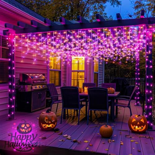 33ft Orange and Purple Halloween Lights Outdoor, 400 LED Icicle Lights for Outside House Decor, Connectable Clear Wire Twinkle String Lights with 8 Modes, Timer, Waterproof for Holiday Party Tree Yard