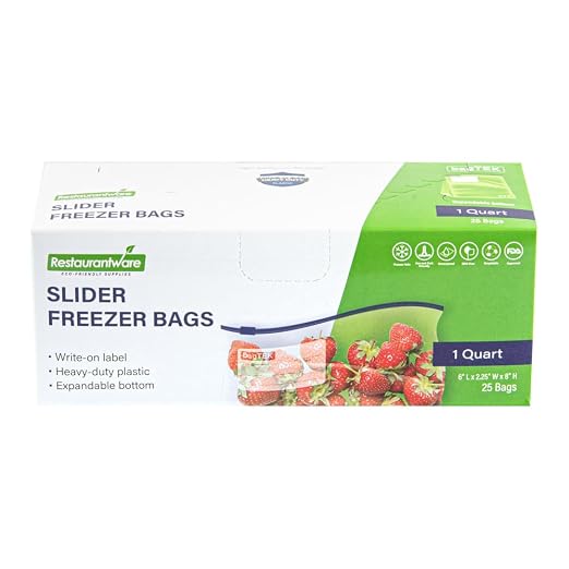 Restaurantware-Bag Tek 1 Quart Freezer Slider Bags, 25 Disposable Zipper Pouch Bags - Slide Zipper, Expandable Bottom, Clear Plastic Freezer Bag, With Write-On-Label, For Food Storage