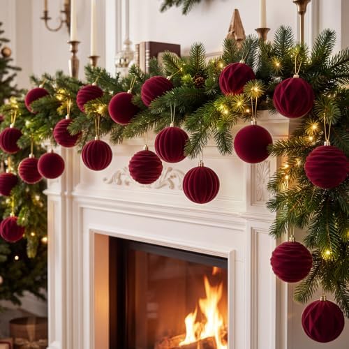 Liliful 4 Inch 12 Pcs Velvet Christmas Ornaments Balls, Burgundy Red