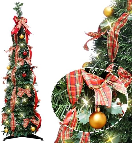 4FT Pop Up Christmas Tree Pre-lit Green Pencil w/Bow & Balls，60 Lights