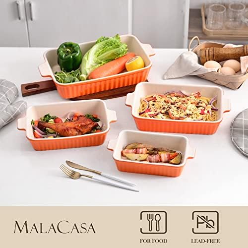 MALACASA Casserole Dishes for Oven, Ceramic Baking Dishes Set of 4,Orange