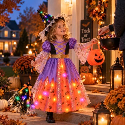 Witch Costume for Girls, Light up Halloween Witch Dress Ages 3-10