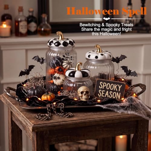 Mimorou 3 Set Halloween Glass Jar with Pumpkin Lid Black and White Boo Clear Candy Jar Food Storage Canister with Airtight Ceramic Lid for Halloween Party Tea Cookie Table Decoration