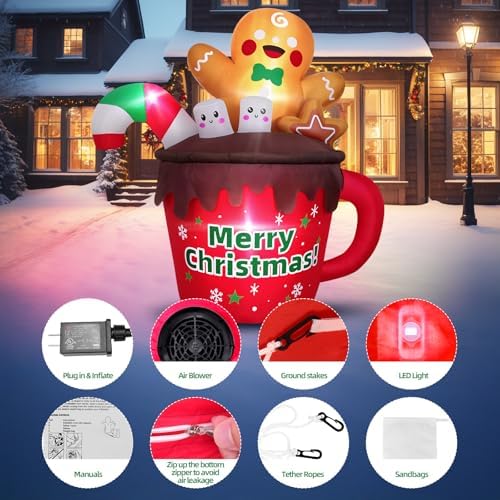 6FT Christmas Inflatables Outdoor Decorations, Gingerbread Christmas Inflatable Hot Cocoa Mug with Built-in LEDs Blow Up Christmas Decoration for Garden Lawn Yard Patio Xmas Inflatable