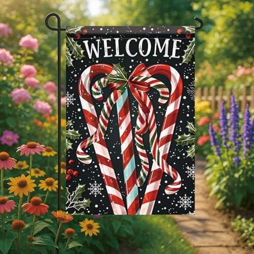 Christmas Garden Flag Candy Cane Flag Welcome Holiday Yard Banner 12x18 Inch Double Sided Winter Xmas Outdoor Lawn Decoration Seasonal House Porch Patio Decor for Farmhouse Outside