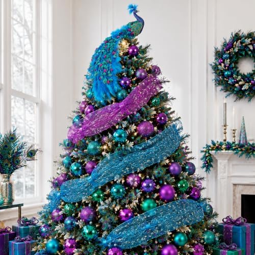 39 Pcs Christmas Tree Decorations Peacock Topper Ornaments Ribbon Blue and Purple Balls Christmas Tree Hanging Ornaments for Xmas Home Office Decorations