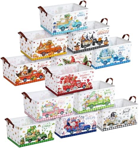 CHENGU 12 Pack Large Holiday Gifts Baskets Empty Collapsible Seasonal Storage Bin St Patricks Day Easter Canvas Laundry Basket Foldable Box with Handle for Home Office Bedroom Clothes Toys