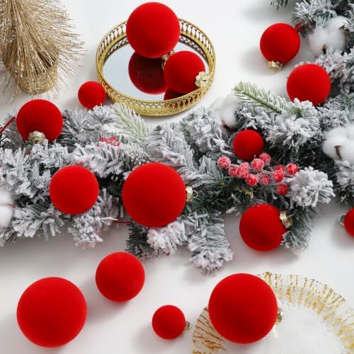 Red Velvet Christmas Ball Ornaments-46pcs Flocked Xmas Tree Decorations
