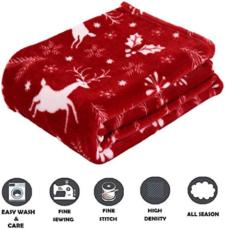 Elegant Comfort Luxury Velvet Super Soft Christmas Prints Fleece Blanket-Holiday Theme Home Décor Fuzzy Warm and Cozy Throws for Winter Bedding, Couch and Gift, 50 x 60 inch, Burgundy Reindeer