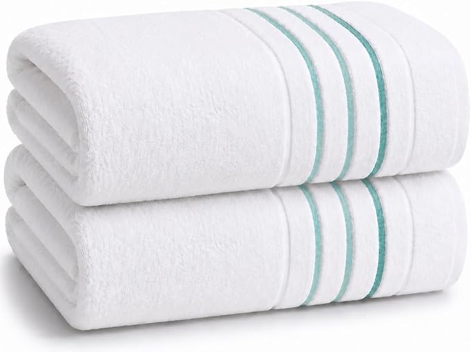Bath Towels Set for Bathroom – Luxury 6-Piece Cotton Towels, Soft Absorbent & Quick Dry, 600 GSM Bath Towels for Bathroom, Hotel Spa Quality (White/Aqua Green, 2-Bath Towel Set)