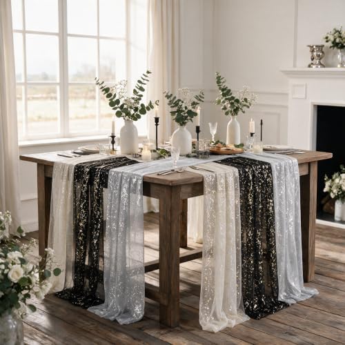 Artoid Mode 6PC Beige Black White Gauze Table Runner 120 Inch 10FT, Glitter Metallic Foil Sheer for Wedding Anniversary Holiday Birthday Home Party Decor