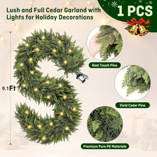 Christmas Garland with Lights Prelit Real Touch Cedar Garland Christmas Decorations 9.1ft Lush Realistic Faux Pine Garlands for Mantle, Table, Stairs, Doorframe, Fireplace Indoor Outdoor Decorations