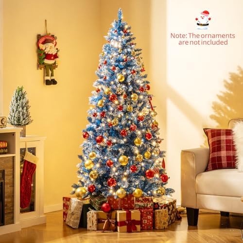 HAPPYGRILL 6 FT Pre-lit Christmas Tree Blue Hinged Artificial Xmas Tree with 270 Warm White LED Lights, 8 Modes, 767 Frosted Branch Tips, Folding Metal Base, for Home Party Holiday