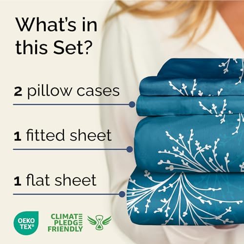 King 4 Piece Floral Sheet Set - Soft, Breathable & Cooling - Sea Spray