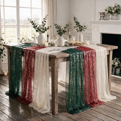 Artoid Mode 6PC Beige Red Green Gauze Table Runner 120 Inch 10FT, Glitter Metallic Foil Sheer for Wedding Anniversary Holiday Birthday Home Party Decor