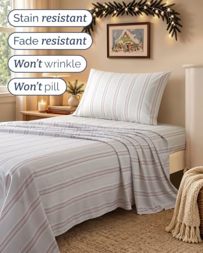 Christmas Sheet Set, Red Dot Stripe, Holiday Xmas Bedding Set - Twin Size