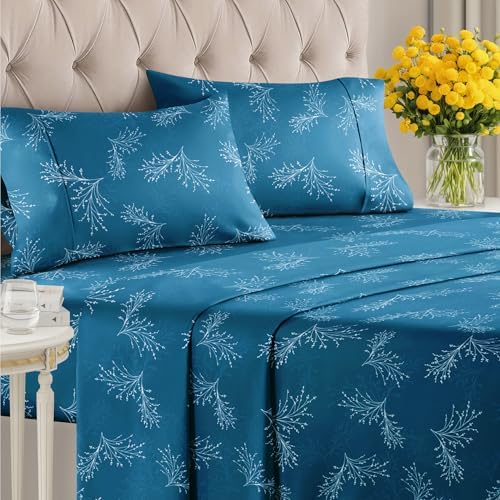 Full 4 Piece Floral Sheet Set - Soft, Breathable & Cooling - Sea Spray