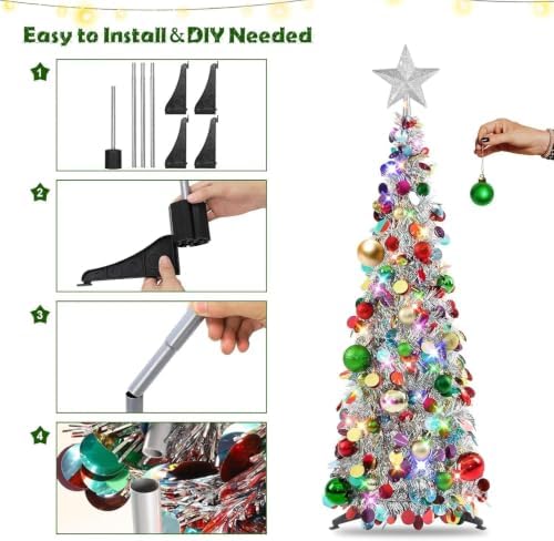 N&T NIETING Pop Up Christmas Tree with Lights & Ornaments, 3FT, Silver