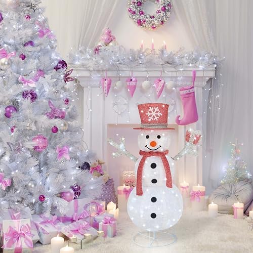 Outdoor Snowman Lighted, Pop-Up Snowman Outdoor Yard Holiday Decorations Prelit 100 Lights, Collapsible Lighted Snowmen Wear Scarf and Hold Light Up Gift Box for Pink Christmas Décor-Pink