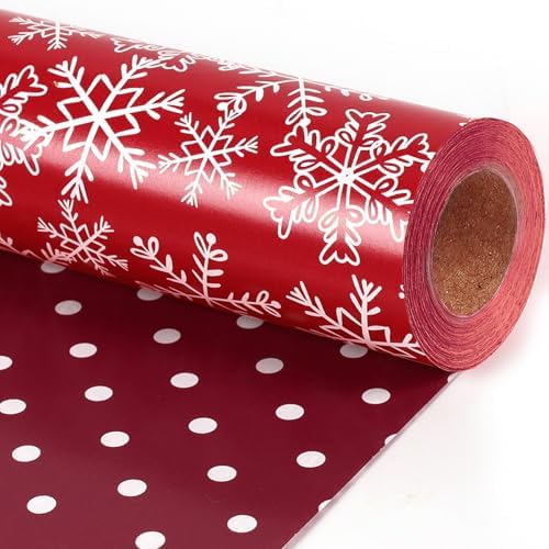 LaRibbons Reversible Christmas Wrapping Paper, White Dots Snowflakes on Red