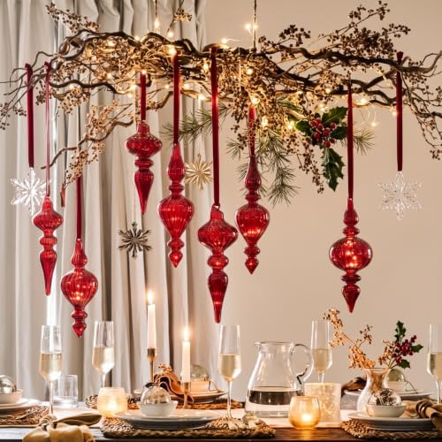 12 Pcs Vintage Glass Finial Christmas Ornaments, Burgundy Red