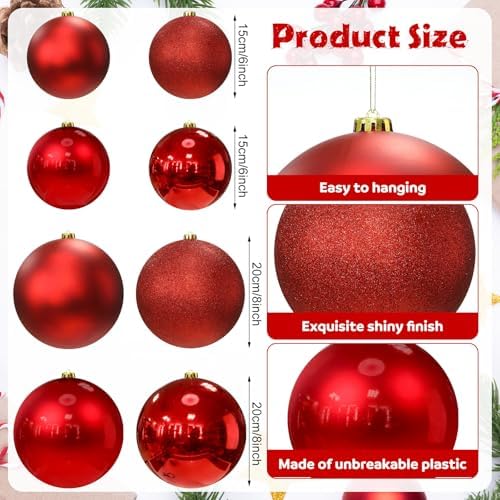 Silipull 8 Pack Extra Large Christmas Ornament Balls, 8in 6in, Smooth