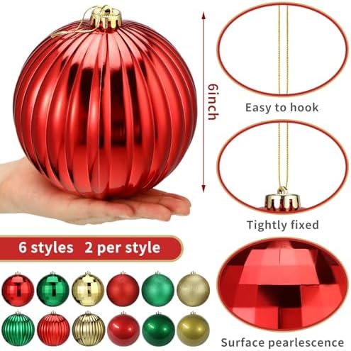 Poen 12 Pcs 6 Inch Classic Christmas Ball Ornaments Shatterproof