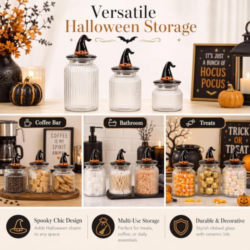 Mimorou 3 Set Halloween Glass Jar with Witchy Hat Lid Halloween Clear Candy Jar Food Storage Canister with Airtight Ceramic Lid for Fall Autumn Party Tea Cookie Table Decoration