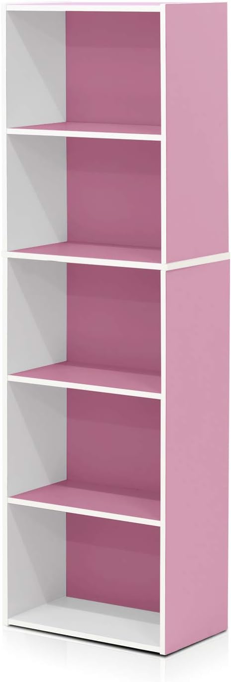 Furinno LUDER Book Shelf, 5-Tier Bookshelf, Bookcase with Open Shelves, 9.4 x 15.8 x 52, Easy Assembly, for Living Room, Bedroom, Home Office, White/Pink