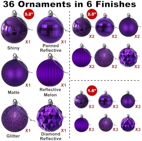 Purple Christmas Ornaments - Christmas Tree Decorations Shatterproof Hanging Balls for Birthday Wedding Holiday Decor Set of 36pcs, Multi-Sizes(1.6",2.5",3.2")