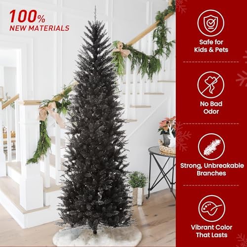 Glitzhome Pencil Tinsel Artificial Christmas Tree, 7.5ft Black Halloween Christmas Tree with 1188 Branch Tips and Foldable Metal Stand for Home Office Party Decoration