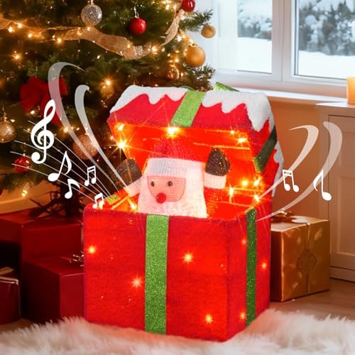 PEIDUO Animated Christmas Santa in Lighted Gift Box, Motion Sensor Christmas Music Decorative Lights, Under The Christmas Tree Present Decorations for Indoor Outdoor Yard Home Holiday Decor
