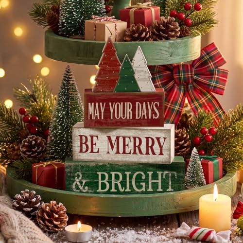 Lineshading 4 Pcs Christmas Table Decor, Wooden Tree Block Signs Home