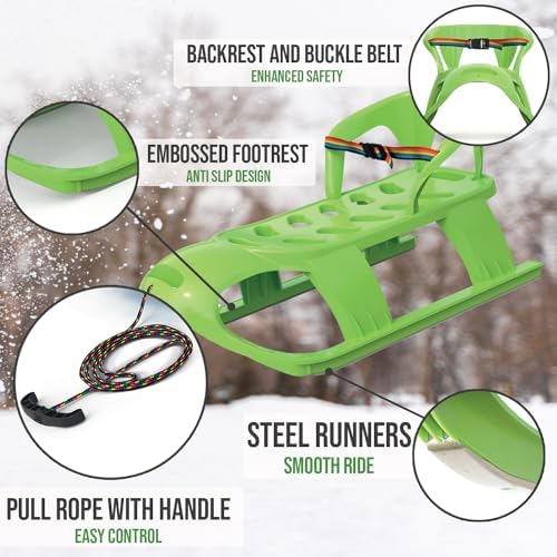 Snow Sled for Kids - SnowCruise Sledge - Toboggan with Pull Rope, Backrest and Safety Belt; Outdoor Plastic Winter Sleigh for Toddlers & Kids