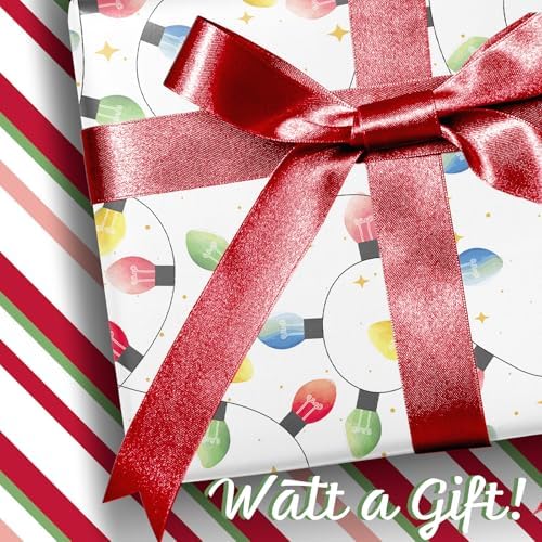 LaRibbons Reversible Christmas Wrapping Paper, Christmas Lights & Striped