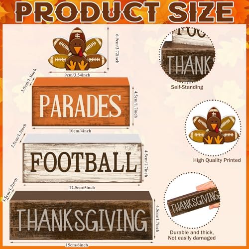Lineshading 4 Pcs Fall Football Decor, Thanksgiving Turkey Wood Block Sign