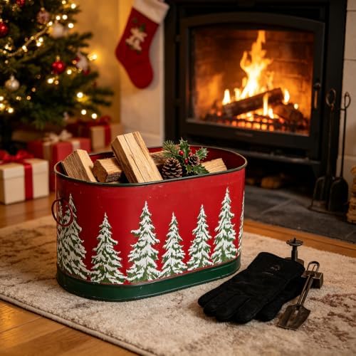 Set of 2 Christmas Metal Buckets, Oval Decorative Planters with Embossed Snow Pine Tree, Distressed Red Green Holiday Storage Tubs for Mini Christmas Tree, Tabletop & Porch Xmas Decor