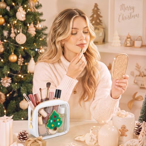 Abbylike 1 Pcs Christmas Preppy Patch Makeup Bags Bulk Polyester Holiday Makeup Bag Skincare Pouch Xmas Zipper Cosmetic Pouch Preppy Thing for Travel Christmas Women Gift (Classic, White)