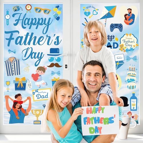 77 PCS Fathers Day Window Clings, 9 Sheets Blue Fathers Day Decorations, Double-Sided Dad Stickers for Glass Windows with Hearts Roses Patterns, Dad Decorations for Home Store Birthday Party