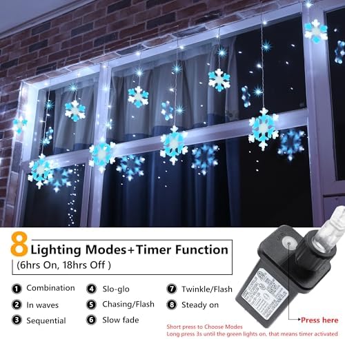 Christmas Snowflake Lights Outdoor, 17.22ft 264 LED Snowflake Icicle Lights with 22 Drops, 8 Modes connectable Christmas Light Waterproof for Eaves Garden Indoor Xmas Decorations (White & Icicle Blue)