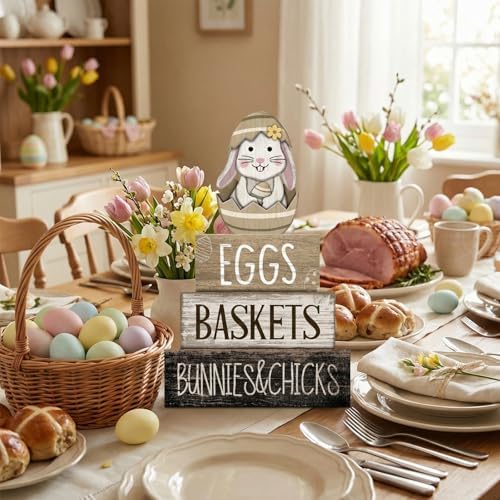 Lineshading 4 Pcs Wooden Farmhouse Tiered Tray Decor Rabbit Egg Signs