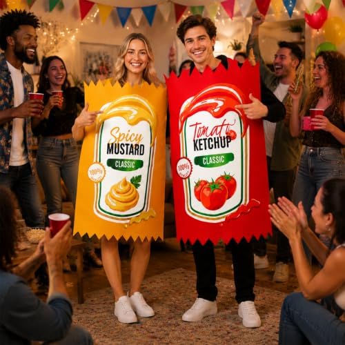 2 Set Ketchup and Mustard Couple Costume, Halloween Condiment Group Outfits