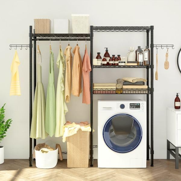 Washer and Dryer Storage Shelf - 3-Tier Metal Garment Rack with Hanging Rod & Net Basket Space Saving Laundry Organizer for Closet Bathroom Adjustable Height